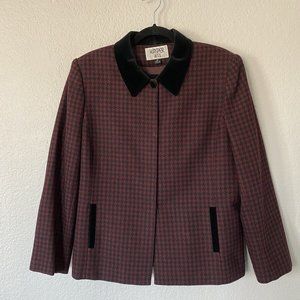 Vintage Kasper Maroon & Black Wool Houndstooth Jacket with Velvet Collar